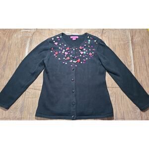 Vtg 90's Bobbie Bell Beaded Sequin Valentine Cardigan Sweater Black Med Sparkle